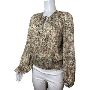 F. Joie Top Size XL Multicolor Banded Blouse 3/4 Sleeve High Neck Tie NWT